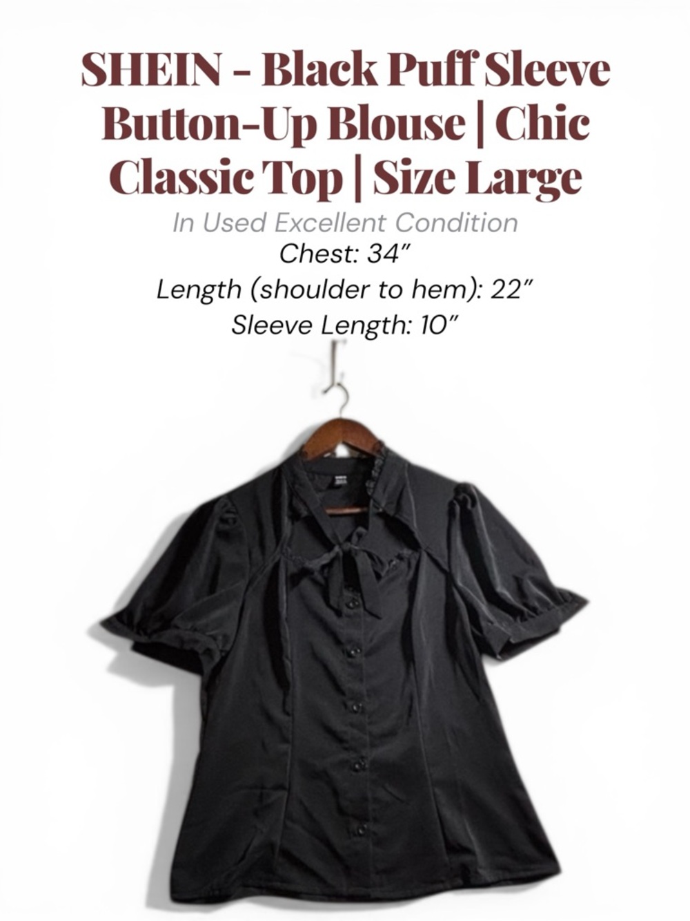 SHEIN Black Puff Sleeve Button-Up Blouse | Chic Classic Top | Size Large